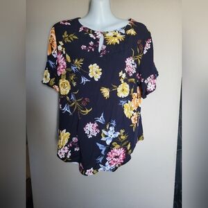 Loft Floral Women's Top - Blue with Multicolor Design, Size Medium Petit